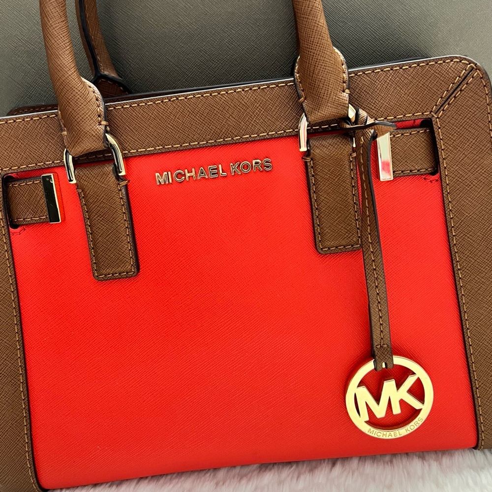 Michael Kors Vibrant Red and Tan Satchel